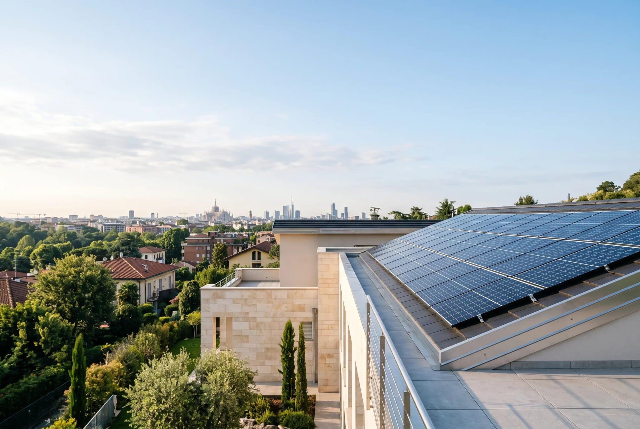 Pannelli fotovoltaici su un edificio con lo skyline di Milano sullo sfondo